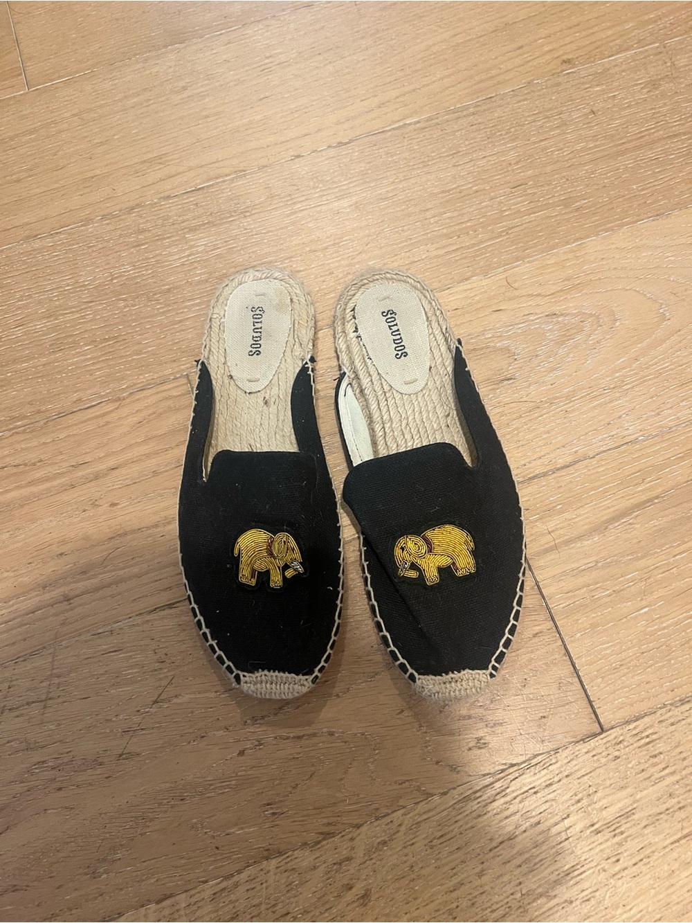 soludos black canvas espadrille mules with beaded elephants